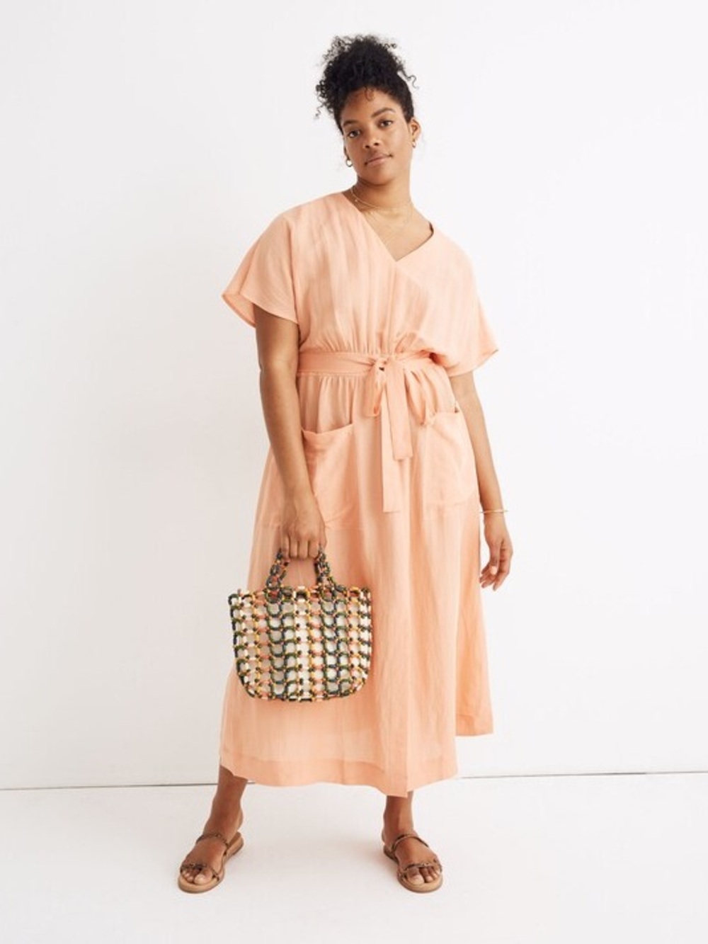 Madewell size 22 Linen-Blend Dolman-Sleeve Tie-Waist Midi Dress in tulip